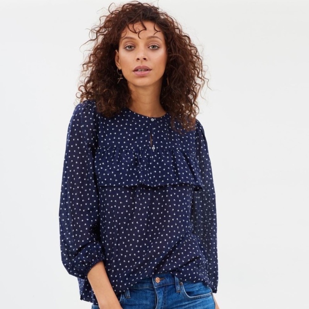 J. Crew Long Sleeve Ruffle Blouse Tiny Cherries Print Medium Popover Navy Blue